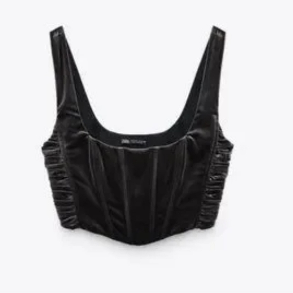 Zara Velour Velvet Metal Gray Stretchy Corset Ruched Crop Top Sz M - Picture 2 of 9